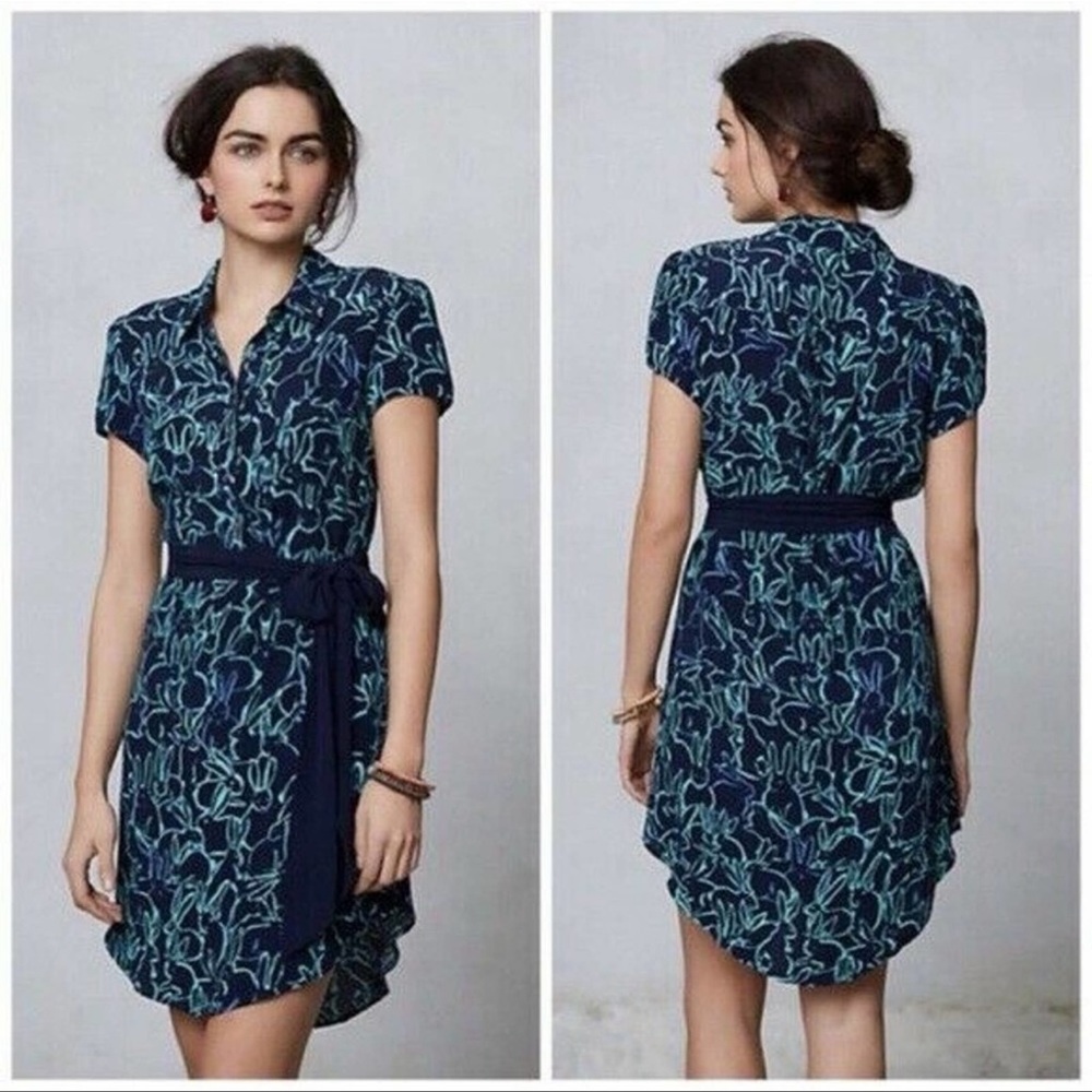 Anthropologie Maeve Franziska Navy Rabbit Bunny Print Crepe Shirt Dress Size 4